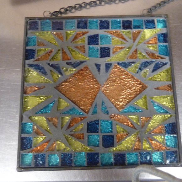 Genuine Stained Glass Mosaic Kissing Fish Suncatcher  8" Sq, NEW in Box Vintage - Picture 4 of 9